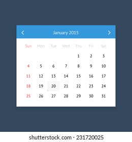 Minimalistic clean calendar page for January 2015 on dark blue background
