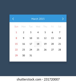 Minimalistic clean calendar page for March 2015 on dark blue background