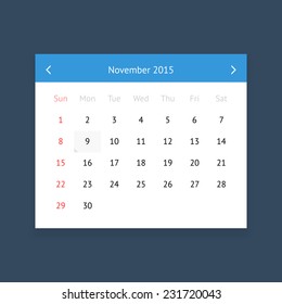 Minimalistic clean calendar page for November 2015 on dark blue background