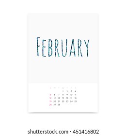 Minimalistic clean February 2017 calendar page vector template. Shiny turquoise glitter title. Week starts from Sunday.