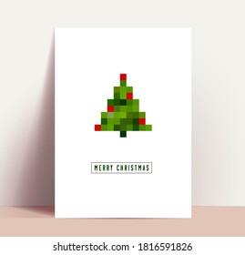 Minimalistic clean modern Christmas poster or card or flyer design template with pixel art Christmas Tree silhouette and Merry Christmas lettering. Vector illustration