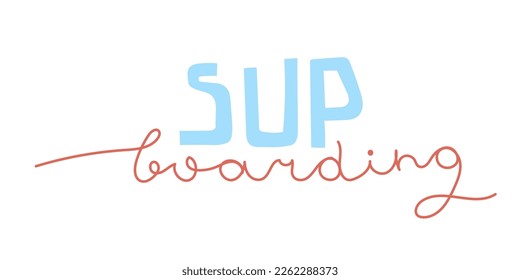 Minimalistic clean modern emblem Paddle boarding with caps lock and hand writing words.