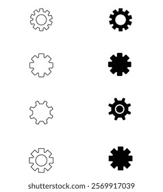 Minimalistic and clean settings icon vector design featuring a cogwheel or gear symbol. Perfect for use in user interface (UI) design, mobile apps, websites, and software applications.