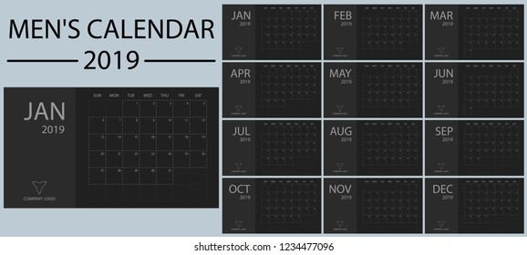 Minimalistic and clean, simple and stylish new year men's calendar 2019 vector. Black and shades of gray. Event and holiday planner. Week Starts Sunday. Basic grid.