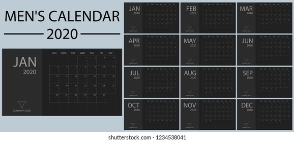 Minimalistic and clean, simple and stylish new year men's calendar 2020 vector. Black and shades of gray. Event and holiday planner. Week Starts Sunday. Basic grid.