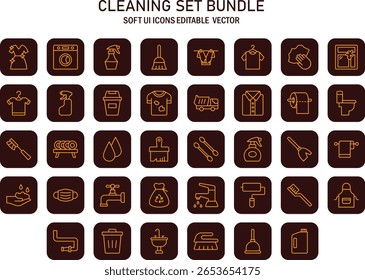 Minimalistic cleaning and hygiene icon set on brown rounded squares showcasing household chores and sanitation