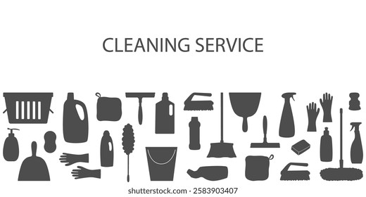 Minimalistic cleaning supplies background in monochrome. Template for professional cleaning company promotion, advertisement, branding, marketing, business card, banner