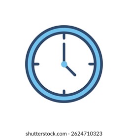 A minimalistic clock icon featuring a light blue face and darker blue outline on a White Background. Flat design style.