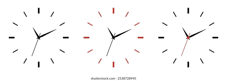 Conjunto de Plantilla de reloj minimalista. Reloj de pared de oficina realista. La cara del reloj y las manos muestran la hora. Decoración del hogar y de la oficina.