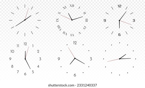 Patrón de relojes mínimos. Gestión y planificación del tiempo, programación. Decoración para el hogar y la oficina en el espacio de copias. Colección vectorial realista aislada en fondo transparente