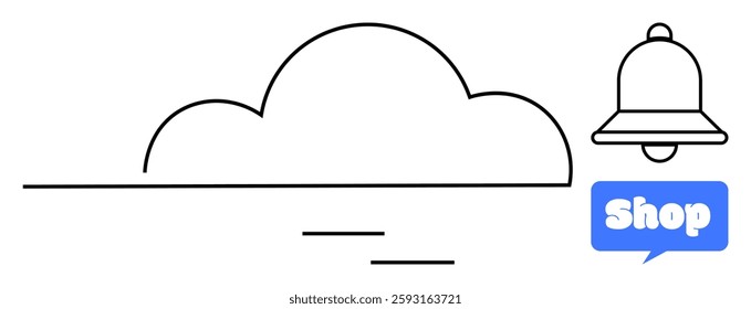 A minimalistic cloud outline with a notification bell and a blue speech bubble containing the word shop. Ideal for mobile apps, online stores, cloud computing, notifications, and minimalistic design