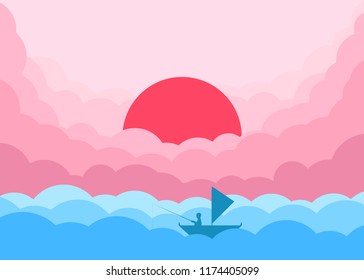Minimalistic cloudy scenery. A fisherman catches fish in the sea. Abstract Vector Illustration