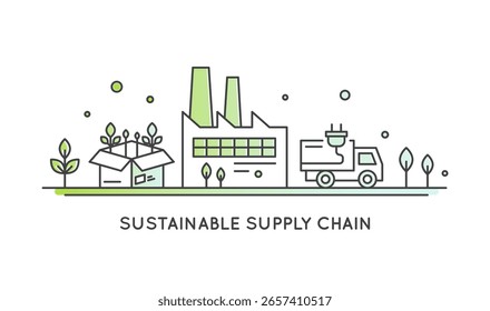 Minimalistic CO2 neutral supply chain icons. Green logistics, eco delivery, sustainable packaging, carbon-free transport, emission reduction, climate action. Clean vector, ESG, factory, truck, package