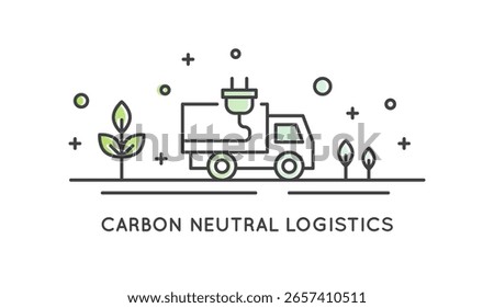 Minimalistic CO2 neutral supply chain icons. Green logistics, eco delivery, sustainable packaging, carbon-free transport, emission reduction, climate action. Clean vector, ESG, factory, truck, package