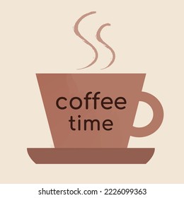 Minimalistic coffee cup illustration. Vector design for menu, print, pattern, template, signage. Flat cup of coffee with "Coffee time" overlay.