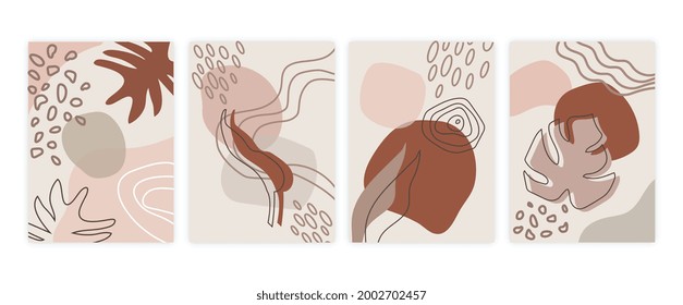 Minimalistic collage with organic elements. Abstract hand-drawn shapes, leaves and lines. Autumn shades and modern style. Flat vector set for posters, banners, postcards and wall decoration
