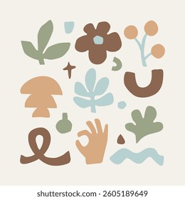 Minimalistic collage with a set of uneven abstract and organic shapes, including leaves, swirls, flowers, a hand, in muted pastel colors.