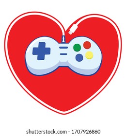 Minimalistic color icon with a joypad and a cord turned in the shape of a heart. The concept is the love of video games.