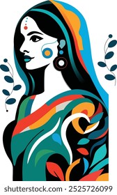 Minimalistic colorful abstract vector illustration of a traditional Indian woman dressed in Saree