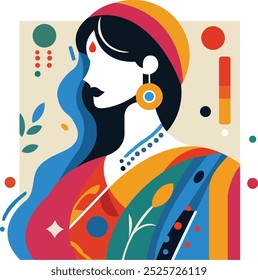 Minimalistic colorful abstract vector illustration of a traditional Indian woman dressed in Saree