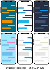 Minimalistic and colorful chat interface design featuring speech bubbles on smartphone screens, perfect for illustrating concepts of communication, messaging apps, or online interaction.