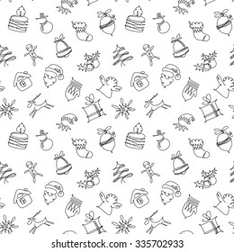 Minimalistic colorful Christmas seamless pattern. Winter holidays celebration background with snowman, Christmas tree, mitten, snowflake, stocking in long contour doodle style. Vector illustration