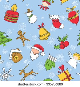 Minimalistic colorful Christmas seamless pattern. Winter holidays celebration background with snowman, Christmas tree, mitten, snowflake, stocking in long contour doodle style. Vector illustration