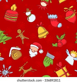 Minimalistic colorful Christmas seamless pattern. Winter holidays celebration background with snowman, Christmas tree, mitten, snowflake, stocking in long contour doodle style. Vector illustration