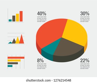 Minimalistic colorful infographic with element icons. Flat design pie charts, graph bars for ads app logo web banner ui ux, isometric graphic illustration concept vector isolated on white background