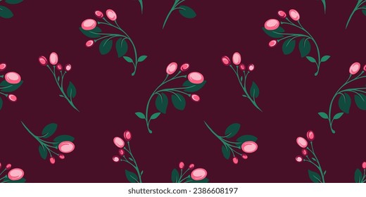 Minimalistic colorful seamless pattern with stylized branches of leaves with berries. Vector hand drawn sketch. Simple creative burgundy print background. Template for design, textile, fashion