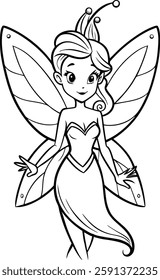 minimalistic coloring book with a beautiful fairy in black lines on a white background