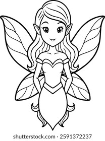 minimalistic coloring book with a beautiful fairy in black lines on a white background