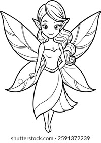 minimalistic coloring book with a beautiful fairy in black lines on a white background