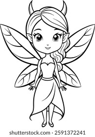 minimalistic coloring book with a beautiful fairy in black lines on a white background