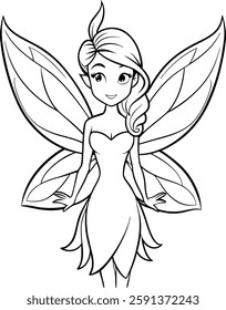 minimalistic coloring book with a beautiful fairy in black lines on a white background