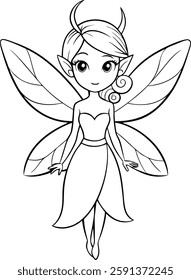 minimalistic coloring book with a beautiful fairy in black lines on a white background
