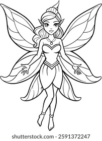 minimalistic coloring book with a beautiful fairy in black lines on a white background