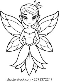 minimalistic coloring book with a beautiful fairy in black lines on a white background