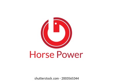minimalistic combination logo design of a horse with a power button.