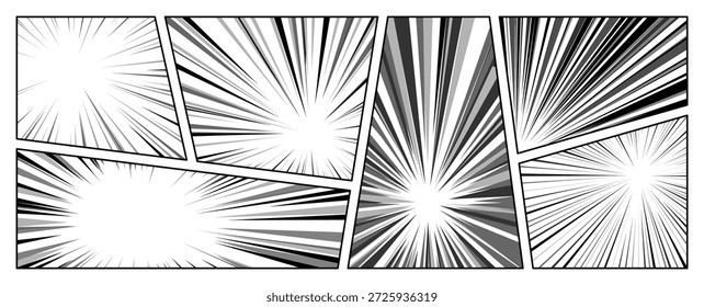Minimalistic comic speed line set with a vintage halftone screentone pattern. Dynamic radial rays and japanese manga style background elements for movie title cards or superhero page layouts.