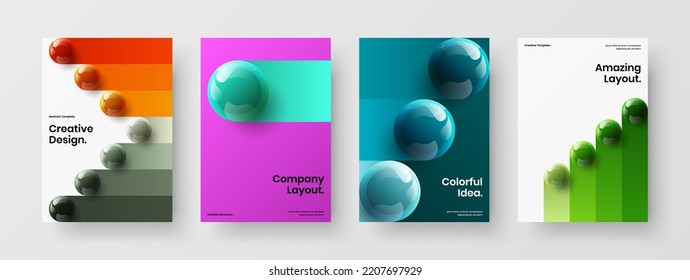 Minimalistic company brochure A4 design vector illustration set. Original 3D balls flyer concept collection.