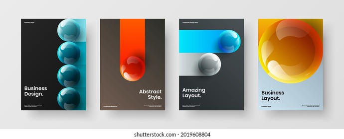 Folleto minimalista de la empresa sobre el paquete de diseño de vectores A4. Asombrosa composición de plantillas de portada de catálogo de esferas 3D.