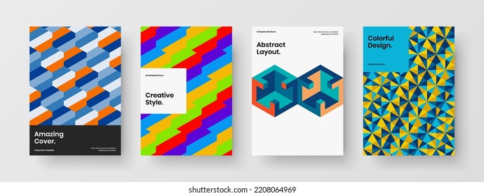 Minimalistic company brochure A4 vector design illustration set. Vivid geometric shapes presentation layout collection.
