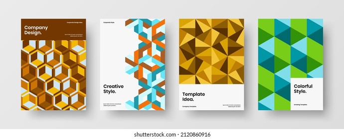 Minimalistic company brochure vector design illustration set. Trendy geometric tiles banner template composition.