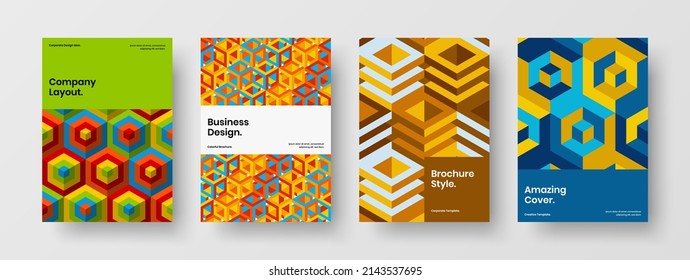 Minimalistic company identity vector design concept collection. Vivid geometric hexagons corporate brochure layout bundle.