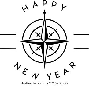 Icono de brújula minimalista flotando sobre el texto "Feliz año Nuevo 2026", fondo blanco limpio, diseño de arte lineal moderno, perfecto para vacaciones, celebración, navegación y conceptos festivos.