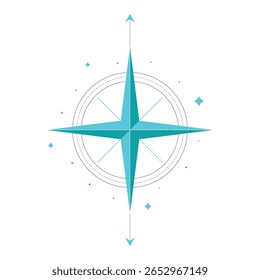 Minimalistic compass icon. Vector illustration of a compass and arrows in turquoise tones, evoking associations with exploration and adventure. Suitable for travel brands or spiritual content.