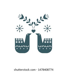Minimalistic Composition with Bird and decorative elements. Folk art floral illustration. Vector
