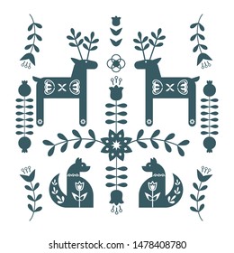 Minimalistic Composition with Bird and decorative elements. Folk art floral illustration. Vector
