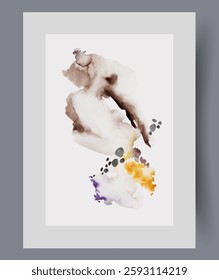 Minimalistic composition with brush strokes on canvas, made by artist for wall art. Watercolor print. Artwork with abstract minimalistic elements symbolizing chaos, in frame with decor for poster